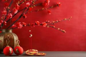 Chinese new year background with traditional lanterns, sakura flowers and copy space. Lunar new year concept by AI Generated photo