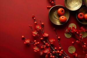 Chinese new year background with traditional lanterns, sakura flowers and copy space. Lunar new year concept by AI Generated photo