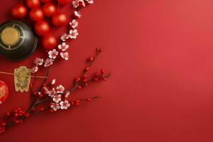 Chinese new year background with traditional lanterns, sakura flowers and copy space. Lunar new year concept by AI Generated photo