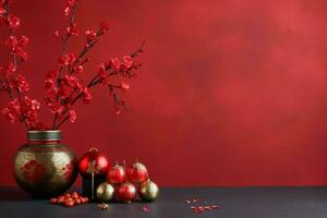 Chinese new year background with traditional lanterns, sakura flowers and copy space. Lunar new year concept by AI Generated photo