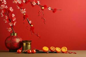 Chinese new year background with traditional lanterns, sakura flowers and copy space. Lunar new year concept by AI Generated photo