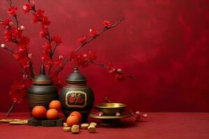 Chinese new year background with traditional lanterns, sakura flowers and copy space. Lunar new year concept by AI Generated photo