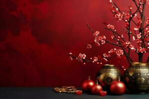 Chinese new year background with traditional lanterns, sakura flowers and copy space. Lunar new year concept by AI Generated photo