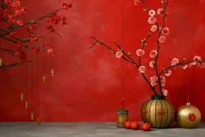 Chinese new year background with traditional lanterns, sakura flowers and copy space. Lunar new year concept by AI Generated photo