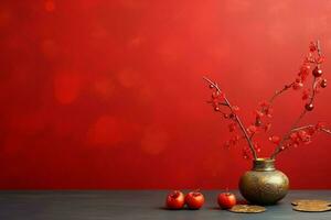 Chinese new year background with traditional lanterns, sakura flowers and copy space. Lunar new year concept by AI Generated photo