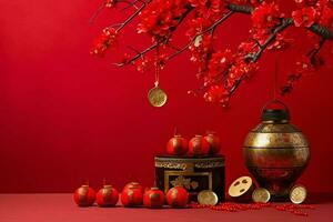 Chinese new year background with traditional lanterns, sakura flowers and copy space. Lunar new year concept by AI Generated photo