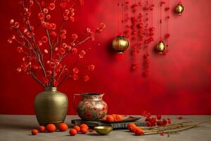 Chinese new year background with traditional lanterns, sakura flowers and copy space. Lunar new year concept by AI Generated photo