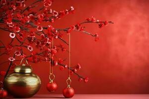 Chinese new year background with traditional lanterns, sakura flowers and copy space. Lunar new year concept by AI Generated photo