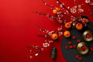 Chinese new year background with traditional lanterns, sakura flowers and copy space. Lunar new year concept by AI Generated photo