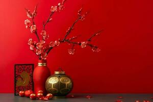 Chinese new year background with traditional lanterns, sakura flowers and copy space. Lunar new year concept by AI Generated photo