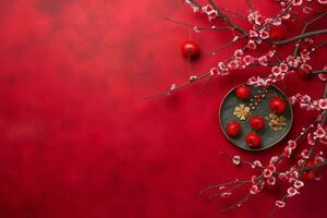 Chinese new year background with traditional lanterns, sakura flowers and copy space. Lunar new year concept by AI Generated photo