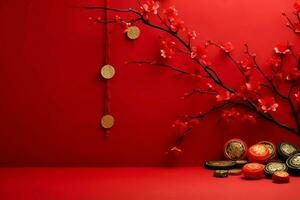 Chinese new year background with traditional lanterns, sakura flowers and copy space. Lunar new year concept by AI Generated photo