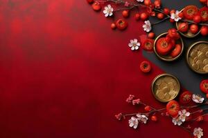 Chinese new year background with traditional lanterns, sakura flowers and copy space. Lunar new year concept by AI Generated photo