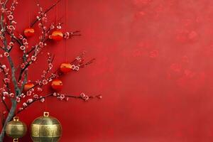 Chinese new year background with traditional lanterns, sakura flowers and copy space. Lunar new year concept by AI Generated photo