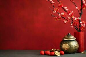 Chinese new year background with traditional lanterns, sakura flowers and copy space. Lunar new year concept by AI Generated photo