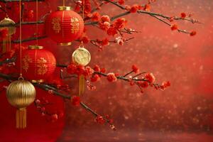 Chinese new year background with traditional lanterns, sakura flowers and copy space. Lunar new year concept by AI Generated photo