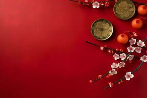 Chinese new year background with traditional lanterns, sakura flowers and copy space. Lunar new year concept by AI Generated photo