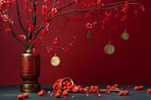 Chinese new year background with traditional lanterns, sakura flowers and copy space. Lunar new year concept by AI Generated photo