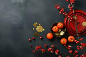 Chinese new year background with traditional lanterns, sakura flowers and copy space. Lunar new year concept by AI Generated photo