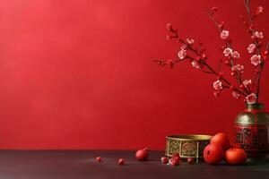Chinese new year background with traditional lanterns, sakura flowers and copy space. Lunar new year concept by AI Generated photo