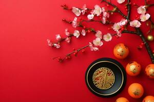 Chinese new year background with traditional lanterns, sakura flowers and copy space. Lunar new year concept by AI Generated photo