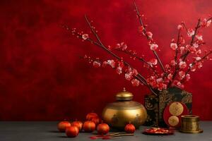 Chinese new year background with traditional lanterns, sakura flowers and copy space. Lunar new year concept by AI Generated photo