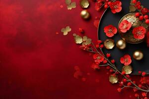 Chinese new year background with traditional lanterns, sakura flowers and copy space. Lunar new year concept by AI Generated photo