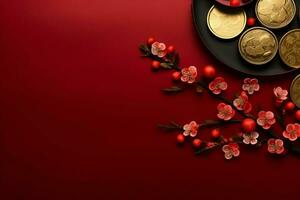 Chinese new year background with traditional lanterns, sakura flowers and copy space. Lunar new year concept by AI Generated photo