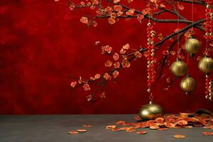 Chinese new year background with traditional lanterns, sakura flowers and copy space. Lunar new year concept by AI Generated photo