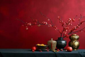 Chinese new year background with traditional lanterns, sakura flowers and copy space. Lunar new year concept by AI Generated photo