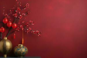 Chinese new year background with traditional lanterns, sakura flowers and copy space. Lunar new year concept by AI Generated photo