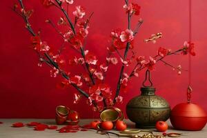 Chinese new year background with traditional lanterns, sakura flowers and copy space. Lunar new year concept by AI Generated photo