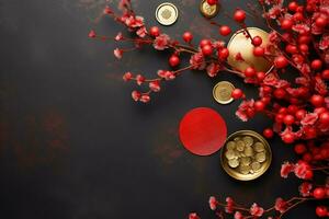 Chinese new year background with traditional lanterns, sakura flowers and copy space. Lunar new year concept by AI Generated photo