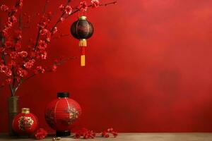 Chinese new year background with traditional lanterns, sakura flowers and copy space. Lunar new year concept by AI Generated photo