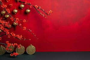 Chinese new year background with traditional lanterns, sakura flowers and copy space. Lunar new year concept by AI Generated photo