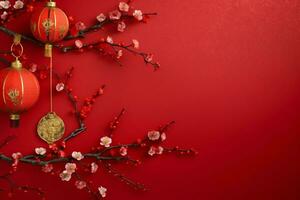 Chinese new year background with traditional lanterns, sakura flowers and copy space. Lunar new year concept by AI Generated photo