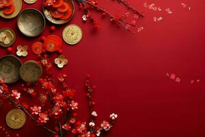 Chinese new year background with traditional lanterns, sakura flowers and copy space. Lunar new year concept by AI Generated photo