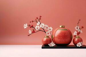 Chinese new year background with traditional lanterns, sakura flowers and copy space. Lunar new year concept by AI Generated photo