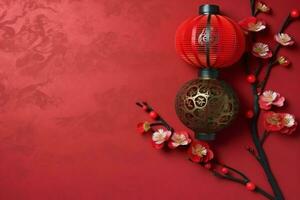 Chinese new year background with traditional lanterns, sakura flowers and copy space. Lunar new year concept by AI Generated photo