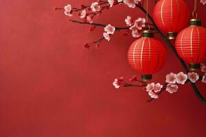 Chinese new year background with traditional lanterns, sakura flowers and copy space. Lunar new year concept by AI Generated photo