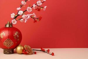 Chinese new year background with traditional lanterns, sakura flowers and copy space. Lunar new year concept by AI Generated photo