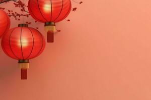 Chinese new year background with traditional lanterns, sakura flowers and copy space. Lunar new year concept by AI Generated photo