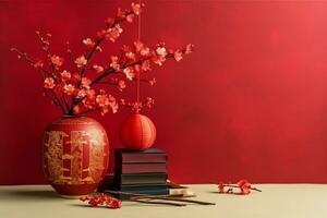 Chinese new year background with traditional lanterns, sakura flowers and copy space. Lunar new year concept by AI Generated photo
