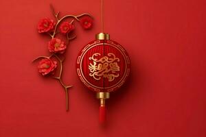 Chinese new year background with traditional lanterns, sakura flowers and copy space. Lunar new year concept by AI Generated photo