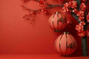 Chinese new year background with traditional lanterns, sakura flowers and copy space. Lunar new year concept by AI Generated photo
