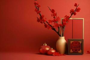 Chinese new year background with traditional lanterns, sakura flowers and copy space. Lunar new year concept by AI Generated photo