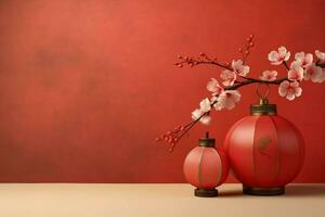 Chinese new year background with traditional lanterns, sakura flowers and copy space. Lunar new year concept by AI Generated photo