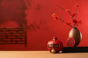 Chinese new year background with traditional lanterns, sakura flowers and copy space. Lunar new year concept by AI Generated photo