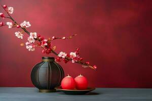 Chinese new year background with traditional lanterns, sakura flowers and copy space. Lunar new year concept by AI Generated photo