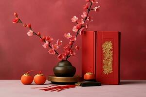 Chinese new year background with traditional lanterns, sakura flowers and copy space. Lunar new year concept by AI Generated photo